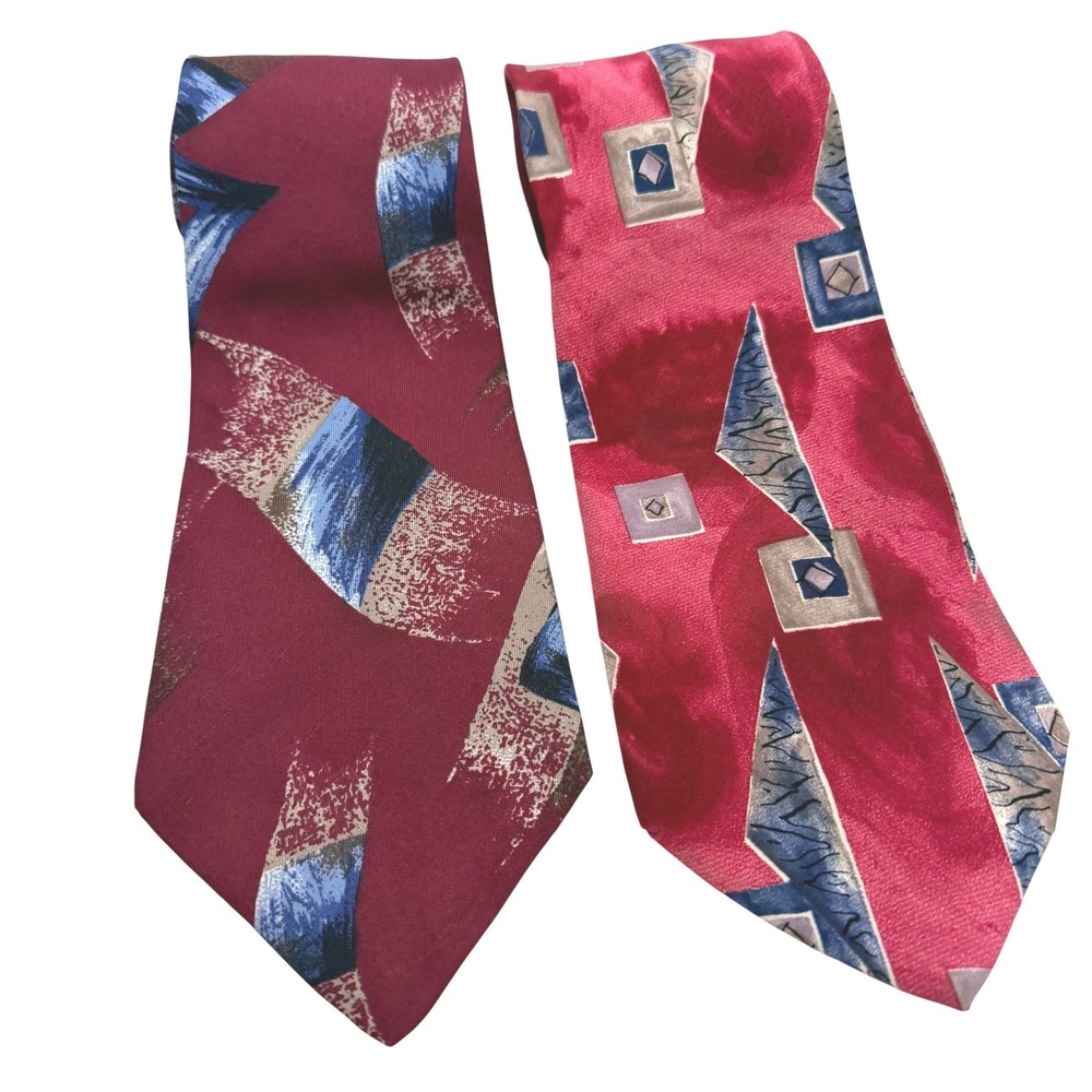 Halston‎ III Mens 2 Pack Silk Feel Abstract Geometric Ties Burgundy Red Blue 90s